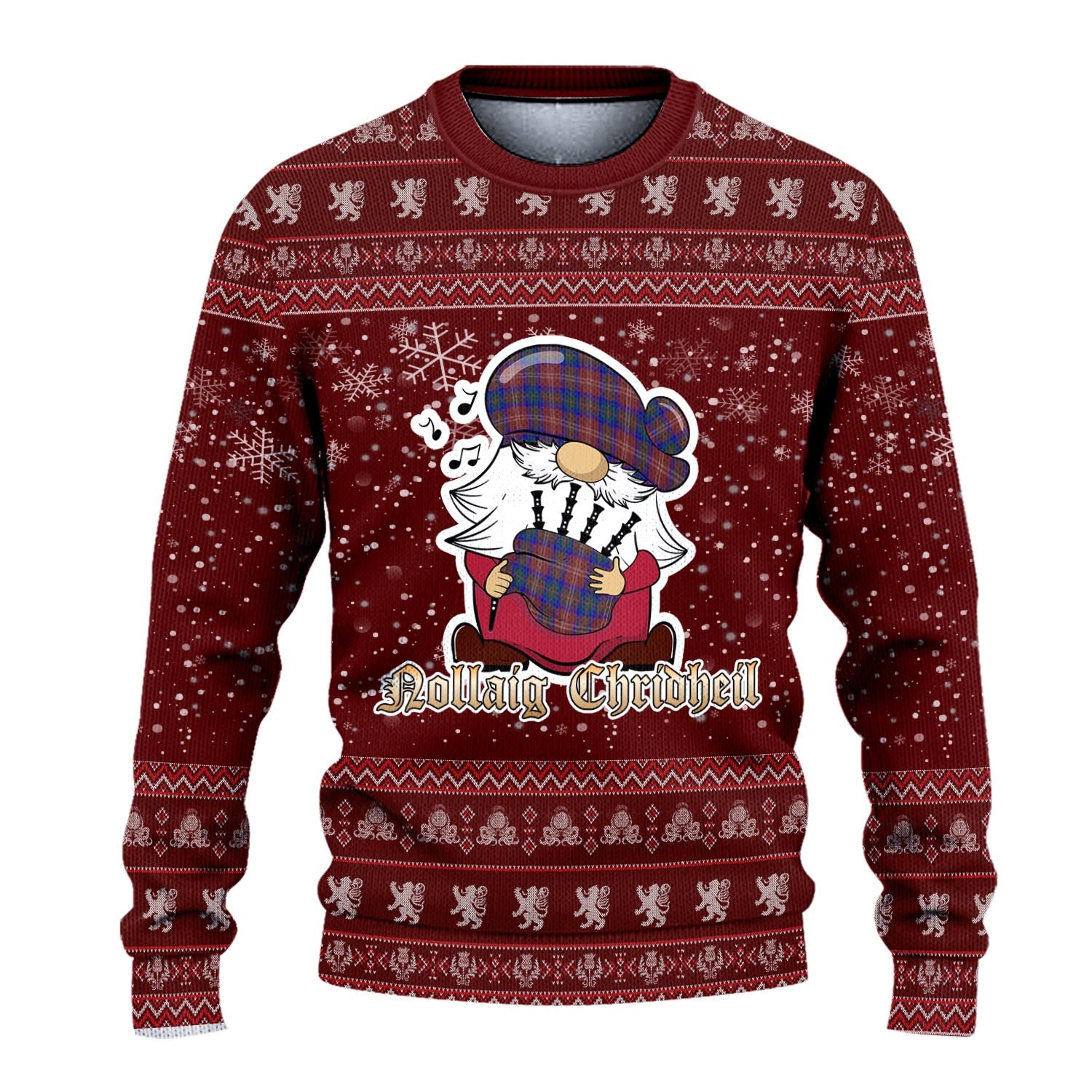 Chisholm Hunting Modern Clan Christmas Family Knitted Sweater with Funny Gnome Playing Bagpipes - Tartanvibesclothing