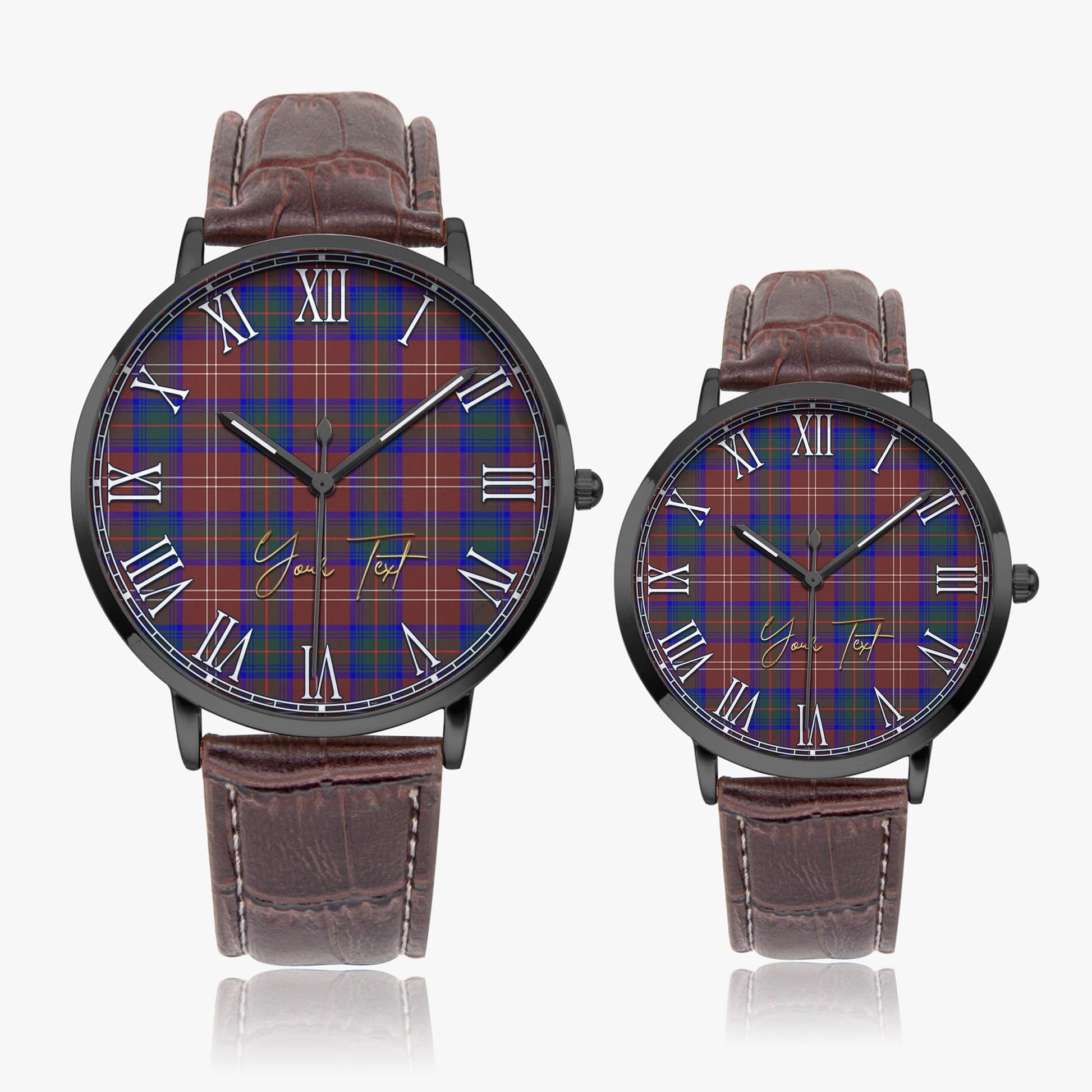 Chisholm Hunting Modern Tartan Personalized Your Text Leather Trap Quartz Watch Ultra Thin Black Case With Brown Leather Strap - Tartanvibesclothing