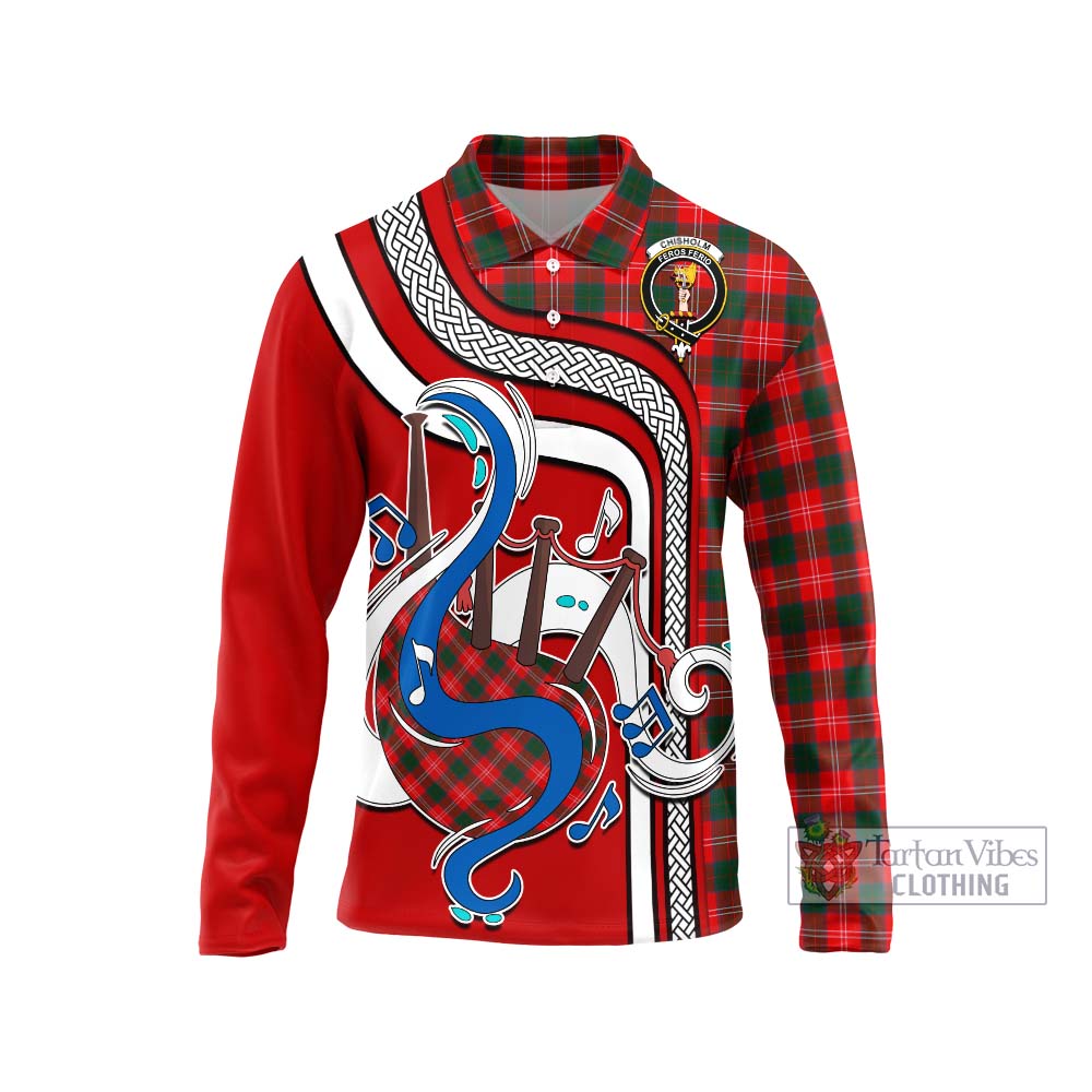 Tartan Vibes Clothing Chisholm Modern Tartan Long Sleeve Polo Shirt with Epic Bagpipe Style