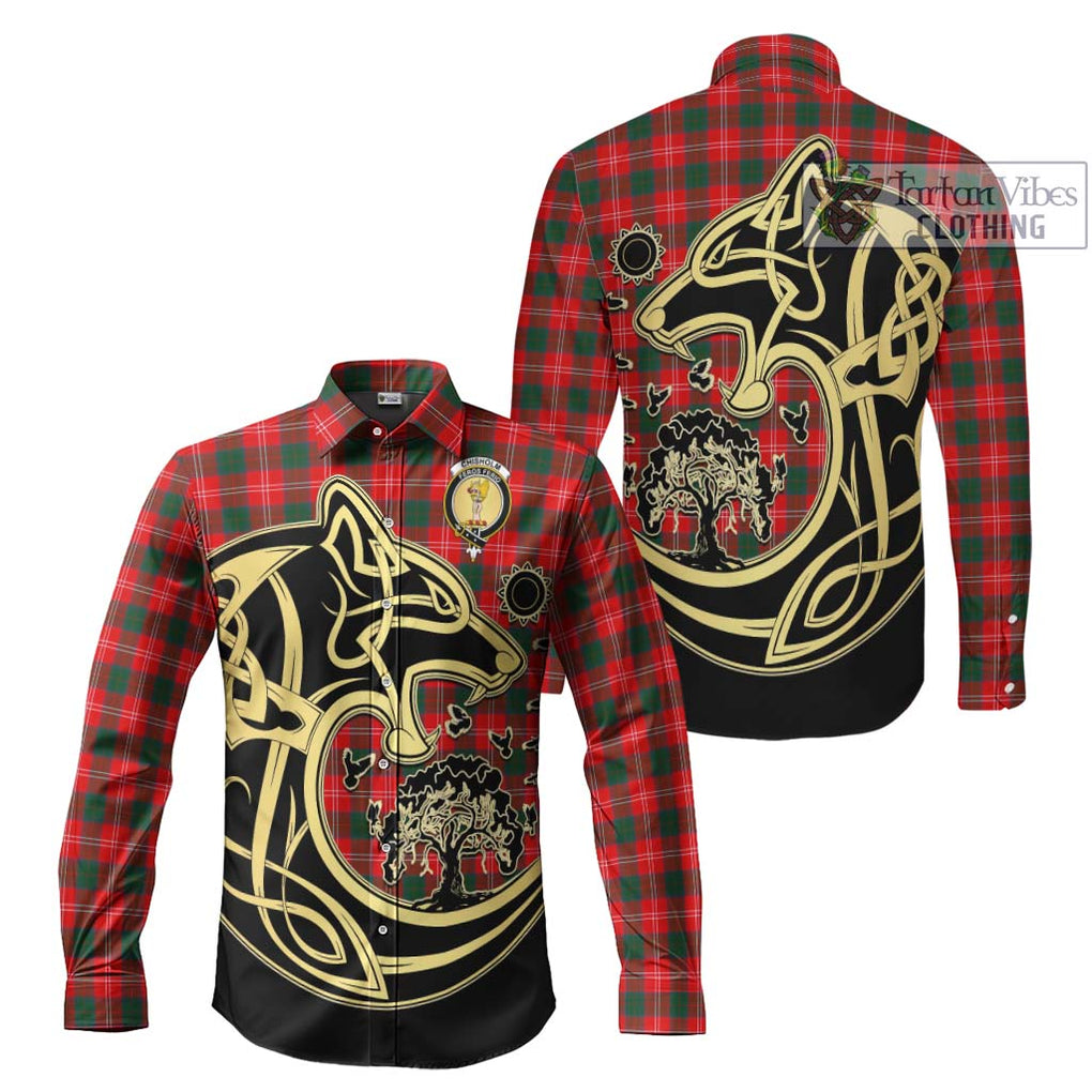 Chisholm Modern Tartan Long Sleeve Button Shirt with Family Crest Celtic Wolf Style Men's Shirt S - Tartan Vibes Clothing