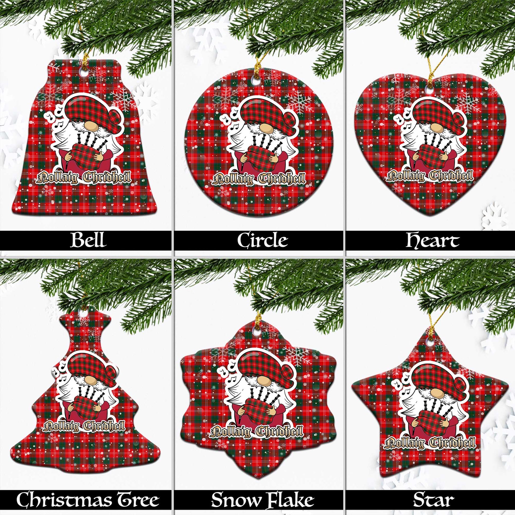 Chisholm Modern Tartan Christmas Ornaments with Scottish Gnome Playing Bagpipes Ceramic - Tartanvibesclothing