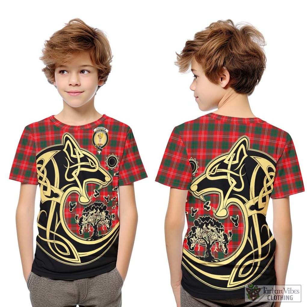 Chisholm Modern Tartan Kid T-Shirt with Family Crest Celtic Wolf Style Youth XL Size14 - Tartan Vibes Clothing