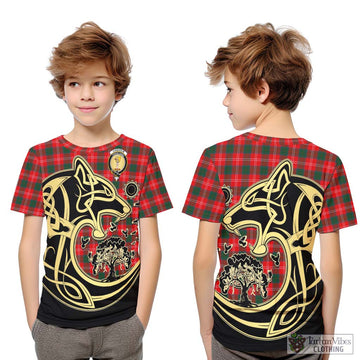 Chisholm Modern Tartan Kid T-Shirt with Family Crest Celtic Wolf Style