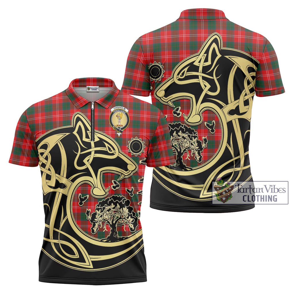 Chisholm Modern Tartan Zipper Polo Shirt with Family Crest Celtic Wolf Style Unisex - Tartanvibesclothing Shop