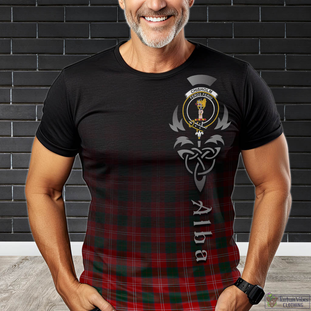 Tartan Vibes Clothing Chisholm Modern Tartan T-Shirt Featuring Alba Gu Brath Family Crest Celtic Inspired