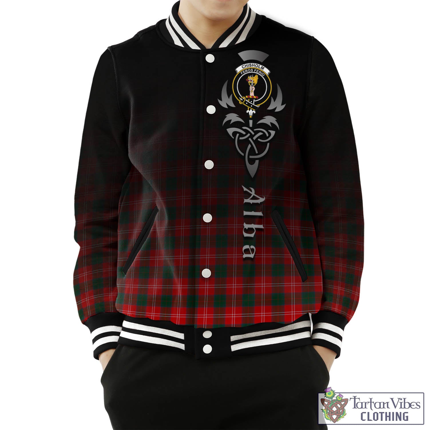 Tartan Vibes Clothing Chisholm Modern Tartan Baseball Jacket Featuring Alba Gu Brath Family Crest Celtic Inspired