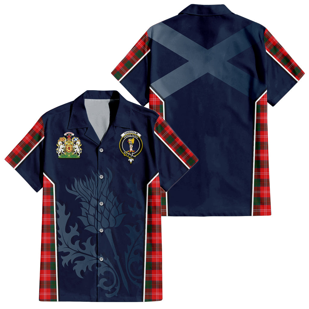 Tartan Vibes Clothing Chisholm Modern Tartan Short Sleeve Button Up Shirt with Family Crest and Scottish Thistle Vibes Sport Style