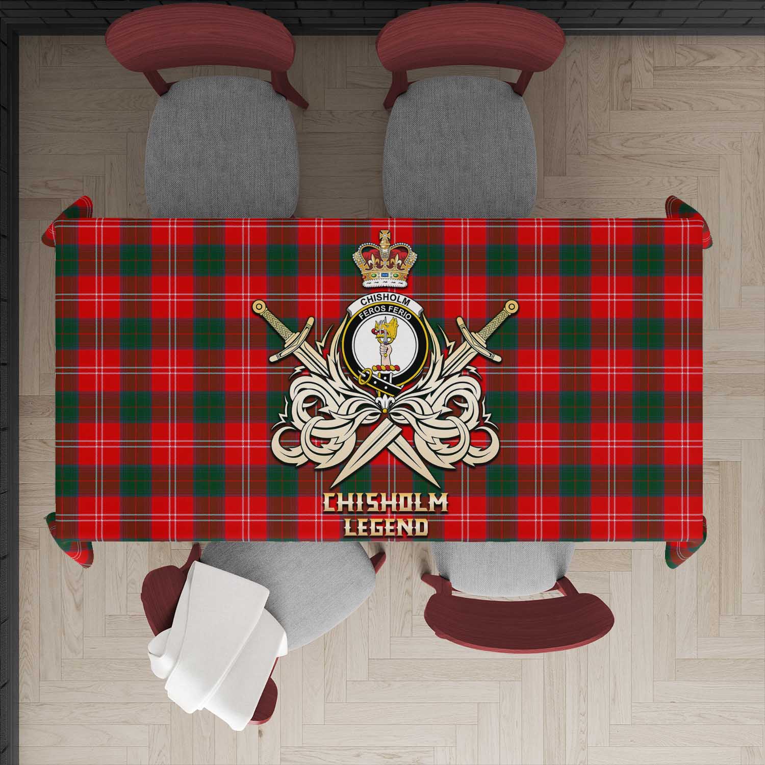 Tartan Vibes Clothing Chisholm Modern Tartan Tablecloth with Clan Crest and the Golden Sword of Courageous Legacy