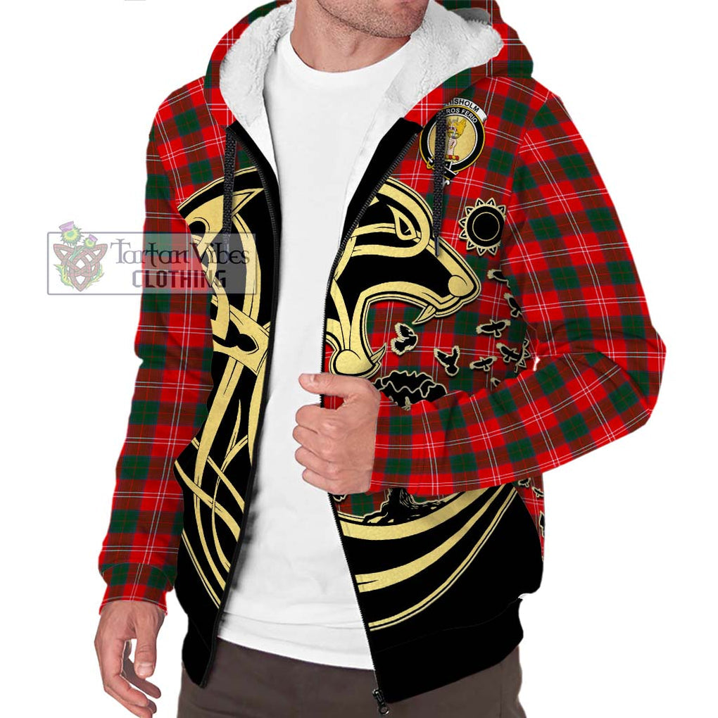 Chisholm Modern Tartan Sherpa Hoodie with Family Crest Celtic Wolf Style Unisex S - Tartan Vibes Clothing