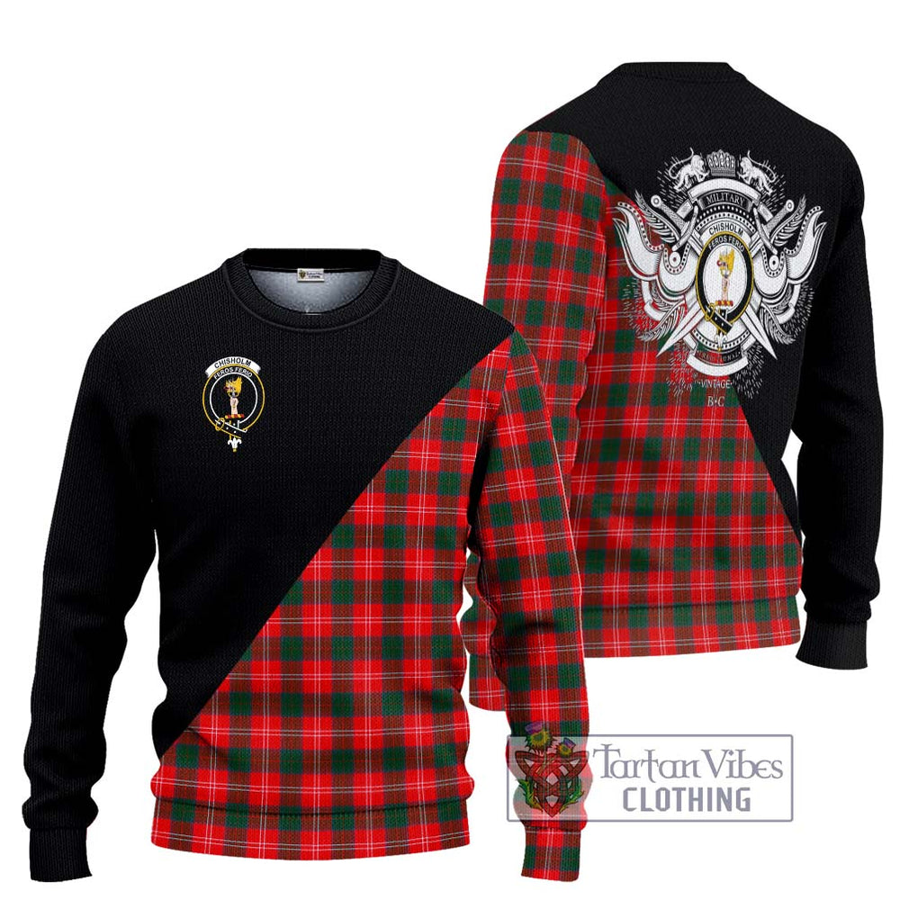 Chisholm Modern Tartan Knitted Sweater with Family Crest and Military Logo Style Unisex - Tartanvibesclothing Shop