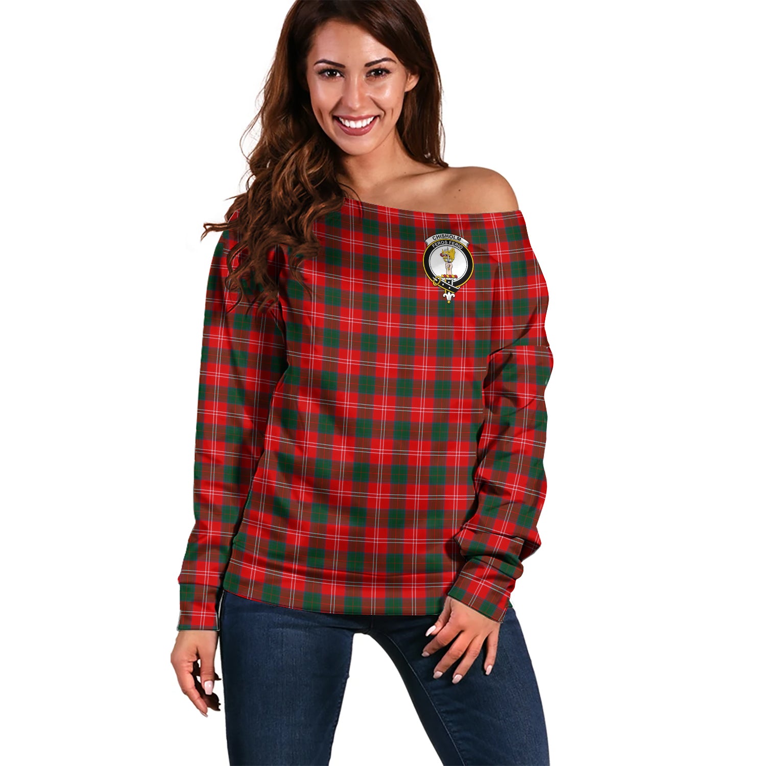 Chisholm Modern Tartan Off Shoulder Women Sweater with Family Crest Women - Tartanvibesclothing