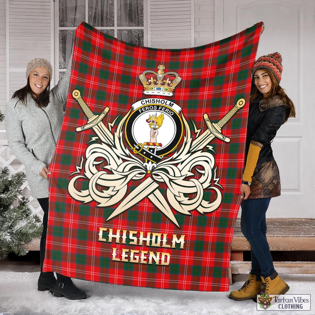 Tartan Vibes Clothing Chisholm Modern Tartan Blanket with Clan Crest and the Golden Sword of Courageous Legacy