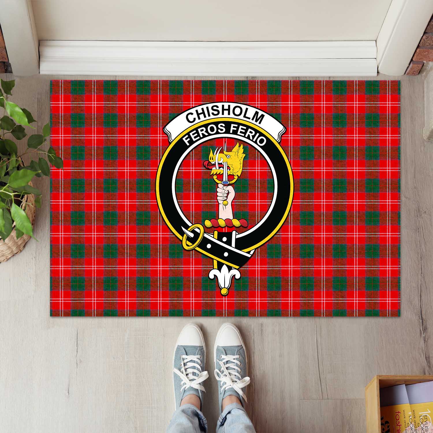 Chisholm Modern Tartan Door Mat with Family Crest - Tartanvibesclothing