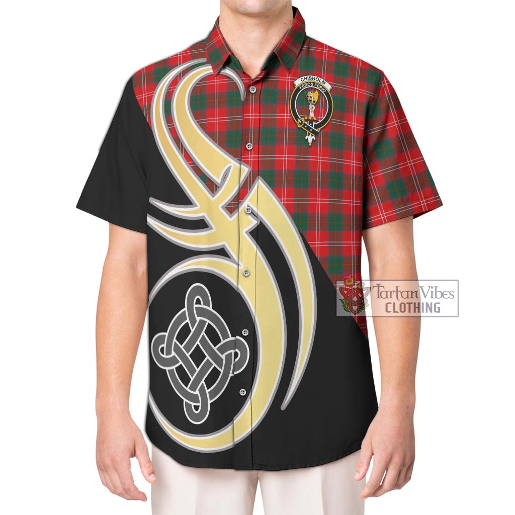 Chisholm Modern Tartan Short Sleeve Button Shirt with Family Crest and Celtic Symbol Style Kid - Tartan Vibes Clothing