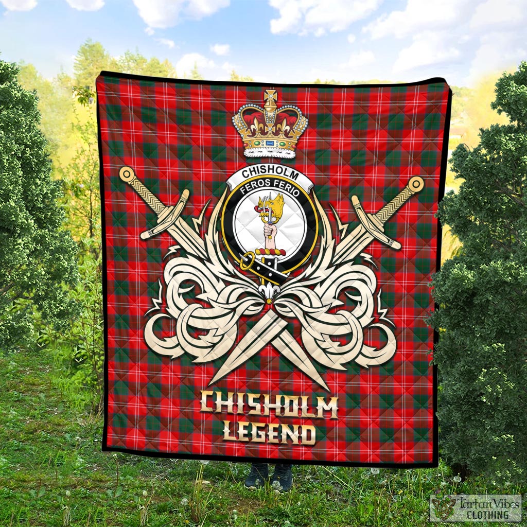 Tartan Vibes Clothing Chisholm Modern Tartan Quilt with Clan Crest and the Golden Sword of Courageous Legacy