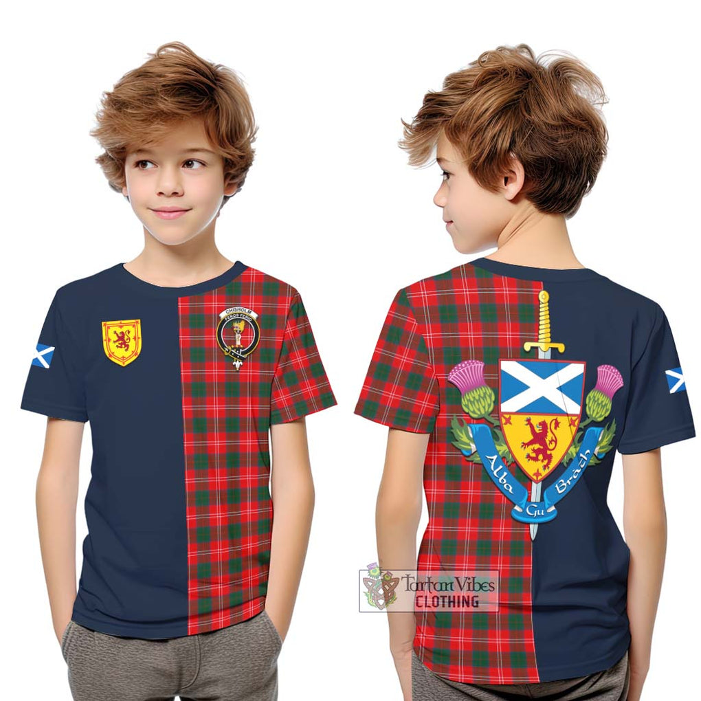 Tartan Vibes Clothing Chisholm Modern Tartan Kid T-Shirt with Scottish Lion Royal Arm Half Style