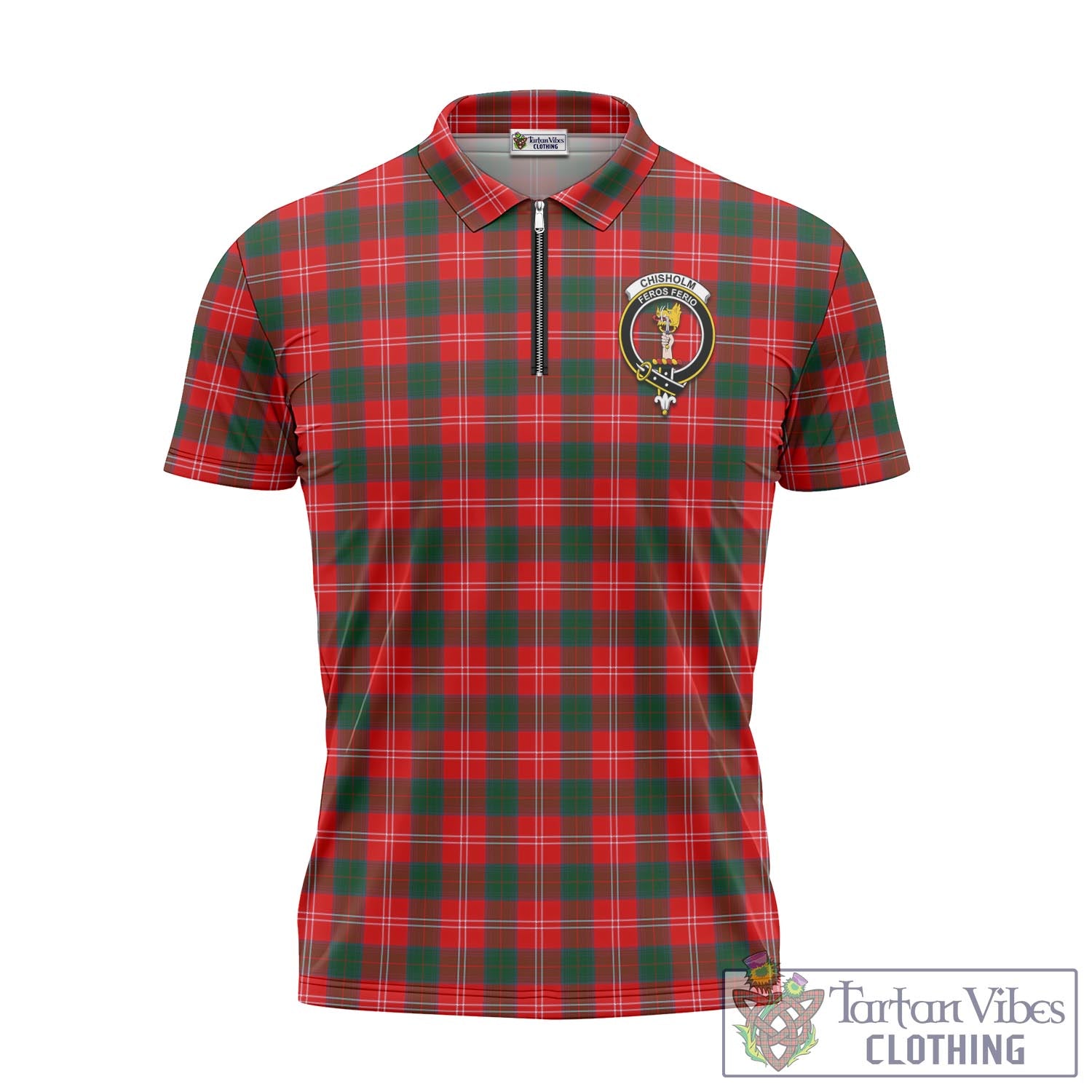 Tartan Vibes Clothing Chisholm Modern Tartan Zipper Polo Shirt with Family Crest