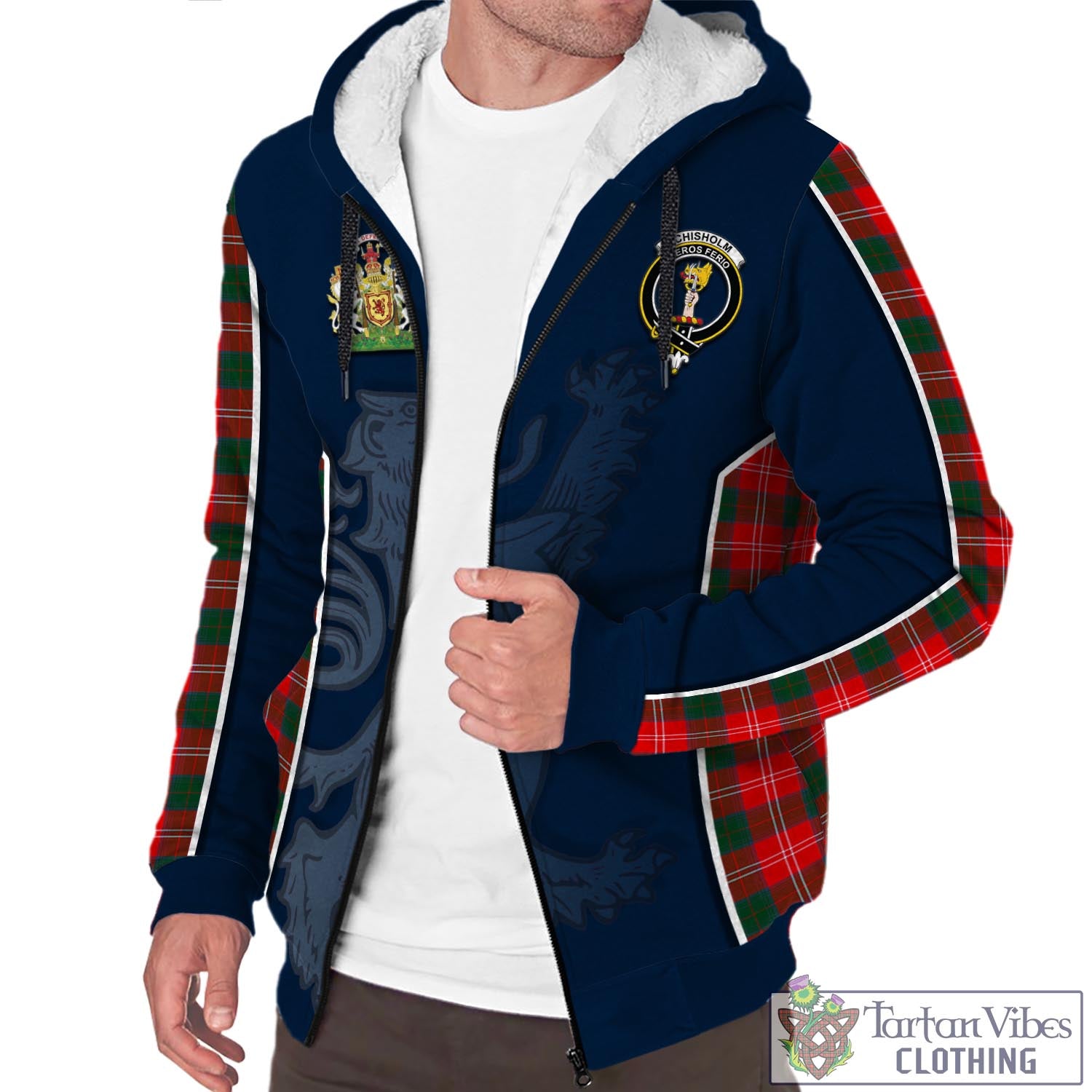 Tartan Vibes Clothing Chisholm Modern Tartan Sherpa Hoodie with Family Crest and Lion Rampant Vibes Sport Style