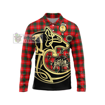 Chisholm Modern Tartan Long Sleeve Polo Shirt with Family Crest Celtic Wolf Style