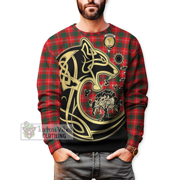 Chisholm Modern Tartan Sweatshirt with Family Crest Celtic Wolf Style