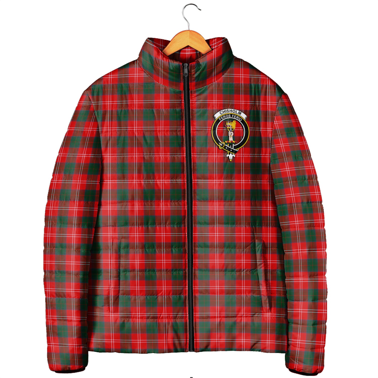 Chisholm Modern Tartan Padded Jacket with Family Crest Men's Padded Jacket - Tartan Vibes Clothing