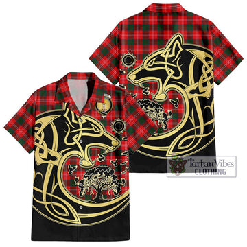 Chisholm Modern Tartan Short Sleeve Button Shirt with Family Crest Celtic Wolf Style