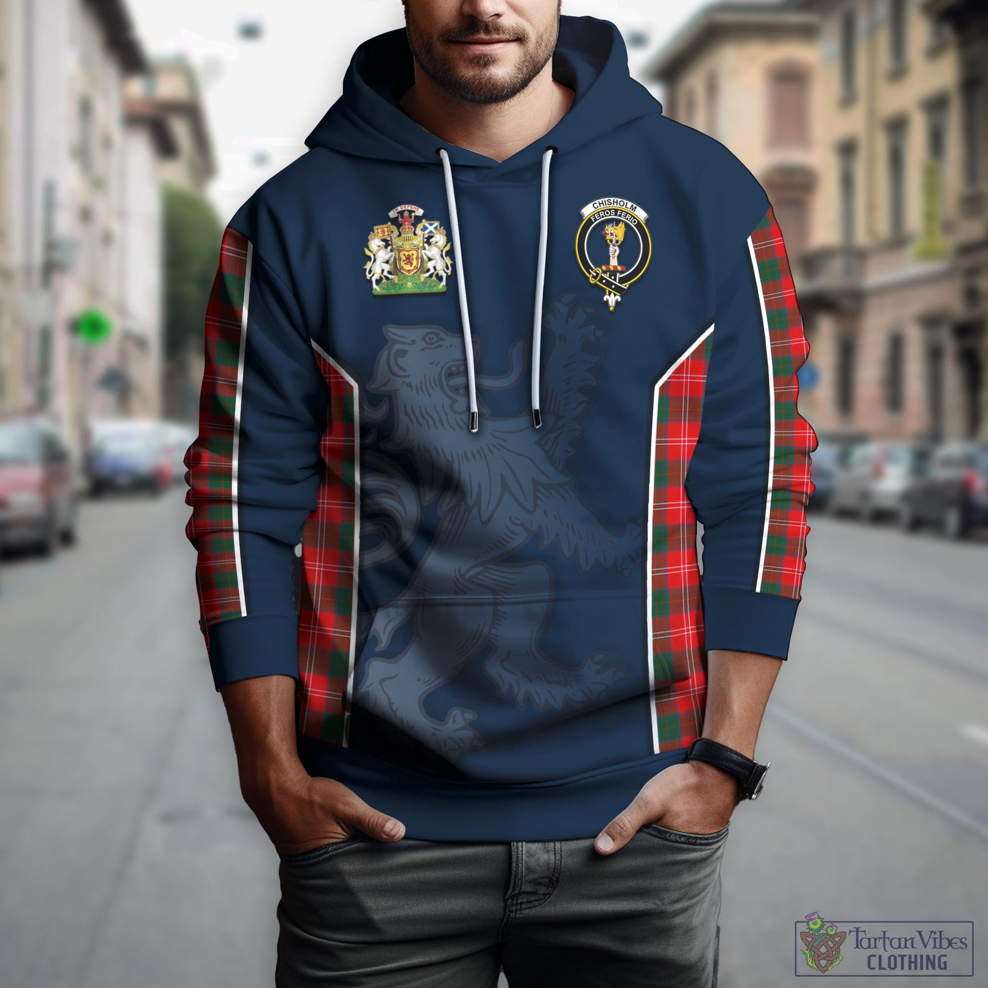 Tartan Vibes Clothing Chisholm Modern Tartan Hoodie with Family Crest and Lion Rampant Vibes Sport Style