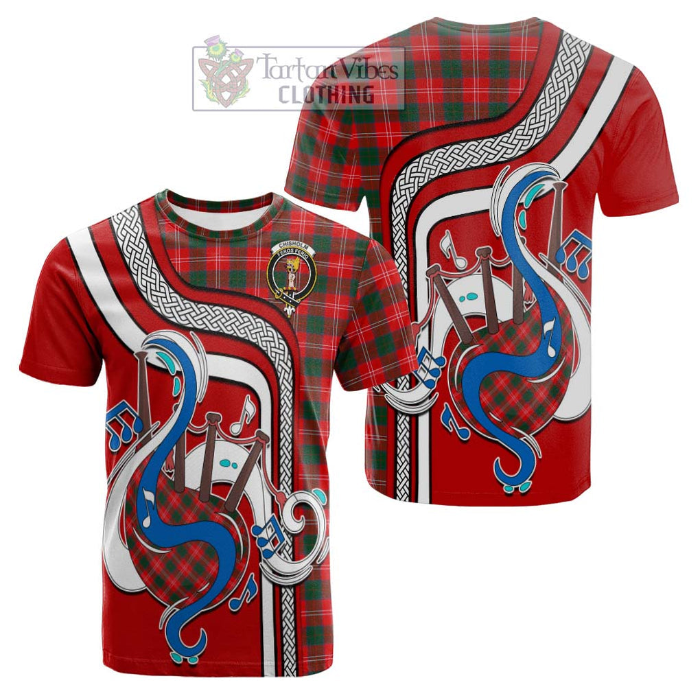 Tartan Vibes Clothing Chisholm Modern Tartan Cotton T-shirt with Epic Bagpipe Style