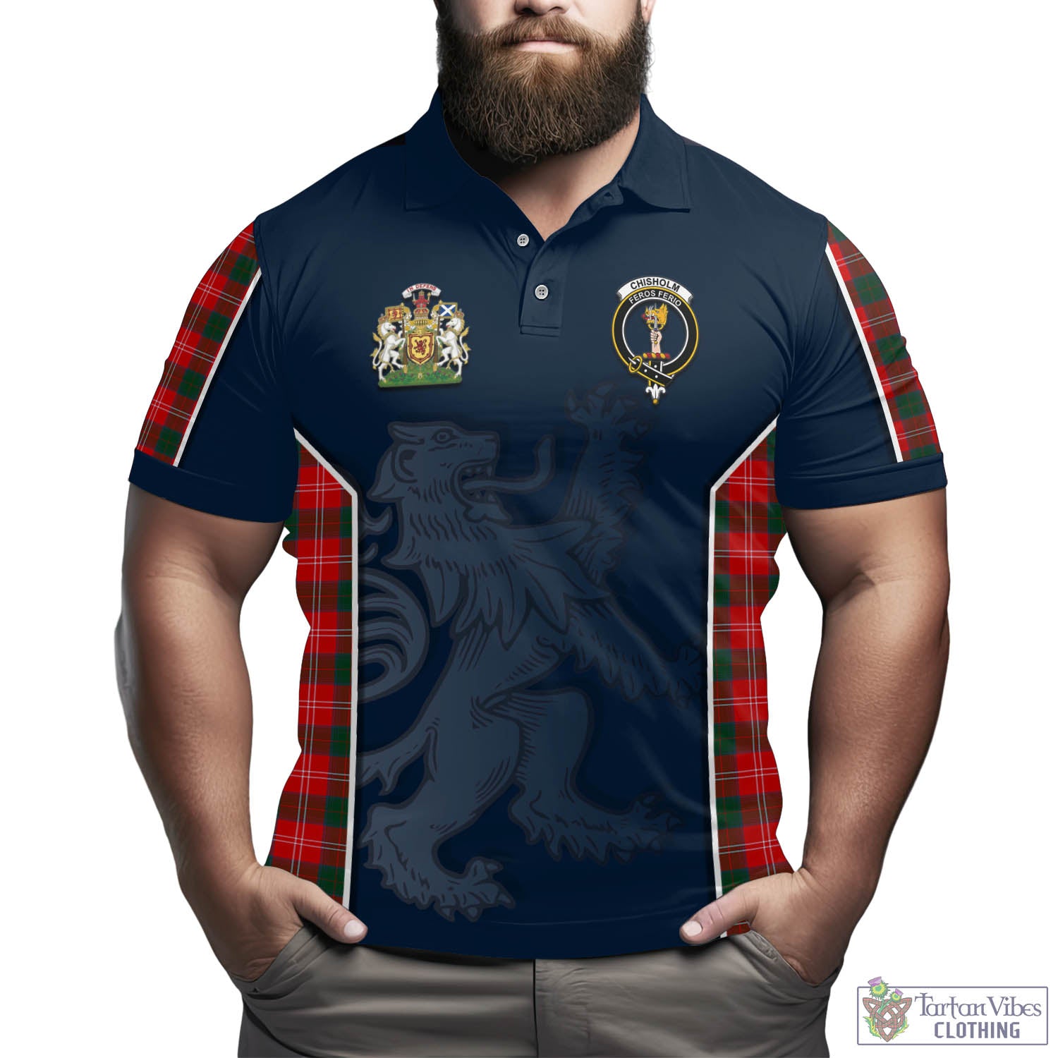 Tartan Vibes Clothing Chisholm Modern Tartan Men's Polo Shirt with Family Crest and Lion Rampant Vibes Sport Style