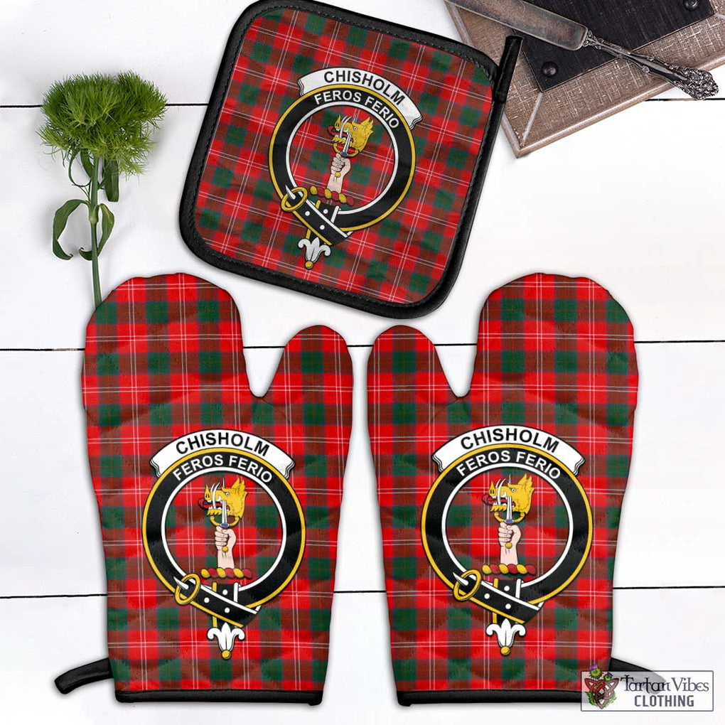 Chisholm Modern Tartan Combo Oven Mitt & Pot-Holder with Family Crest Combo 1 Oven Mitt & 1 Pot-Holder Black - Tartan Vibes Clothing