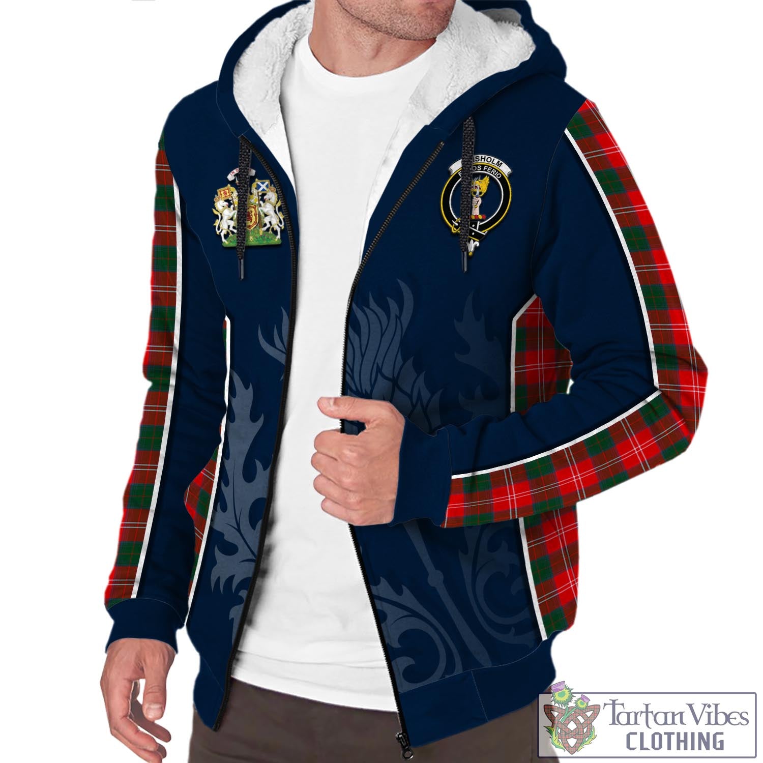 Tartan Vibes Clothing Chisholm Modern Tartan Sherpa Hoodie with Family Crest and Scottish Thistle Vibes Sport Style