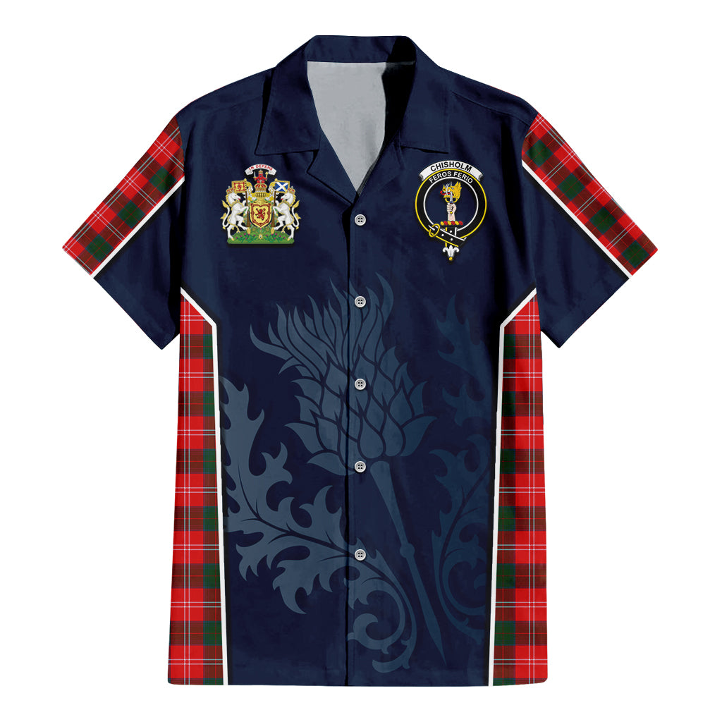 Tartan Vibes Clothing Chisholm Modern Tartan Short Sleeve Button Up Shirt with Family Crest and Scottish Thistle Vibes Sport Style