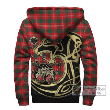 Chisholm Modern Tartan Sherpa Hoodie with Family Crest Celtic Wolf Style