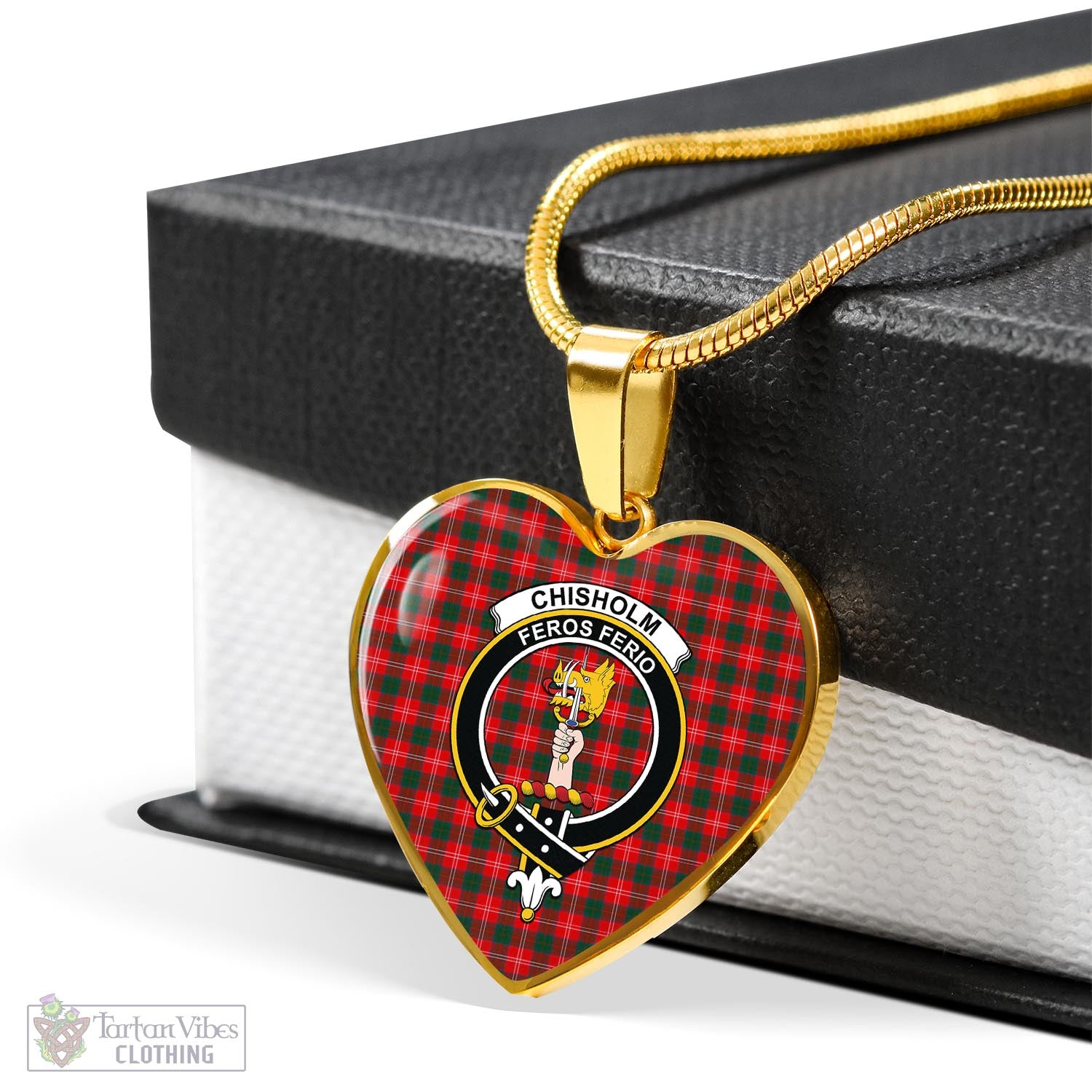 Tartan Vibes Clothing Chisholm Modern Tartan Heart Necklace with Family Crest