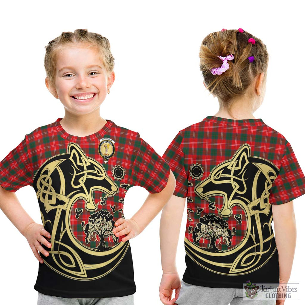 Chisholm Modern Tartan Kid T-Shirt with Family Crest Celtic Wolf Style - Tartan Vibes Clothing