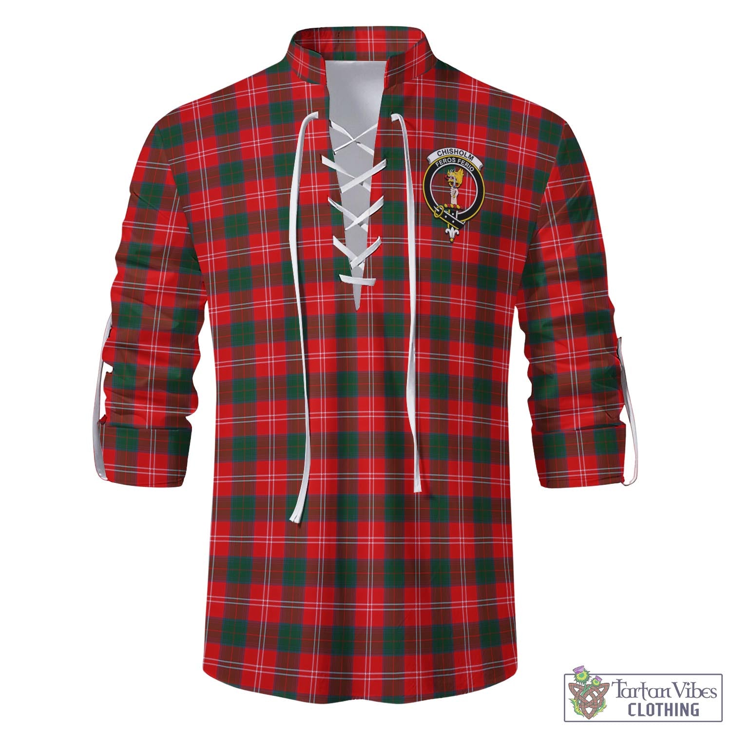 Tartan Vibes Clothing Chisholm Modern Tartan Men's Scottish Traditional Jacobite Ghillie Kilt Shirt with Family Crest