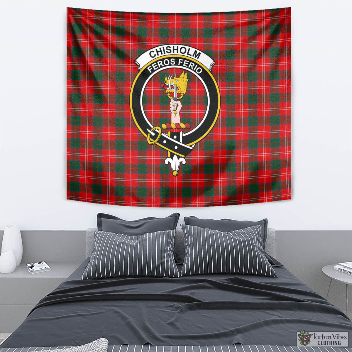 Tartan Vibes Clothing Chisholm Modern Tartan Tapestry Wall Hanging and Home Decor for Room with Family Crest