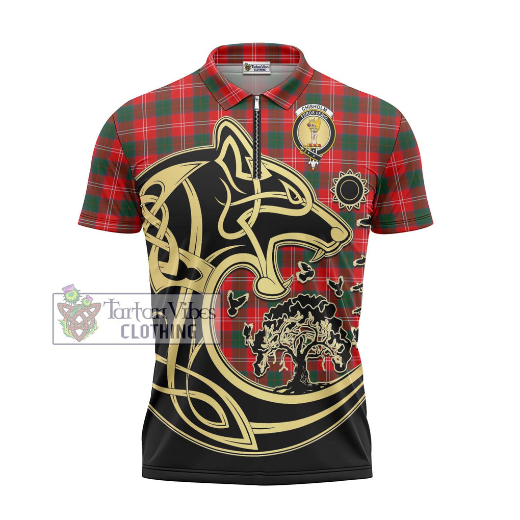 Chisholm Modern Tartan Zipper Polo Shirt with Family Crest Celtic Wolf Style - Tartanvibesclothing Shop