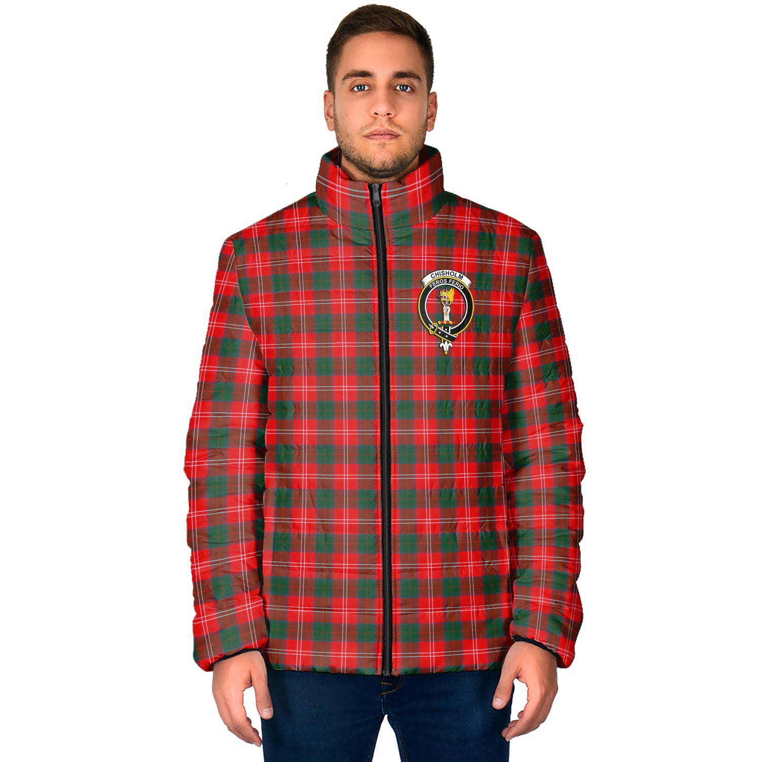 Chisholm Modern Tartan Padded Jacket with Family Crest - Tartan Vibes Clothing