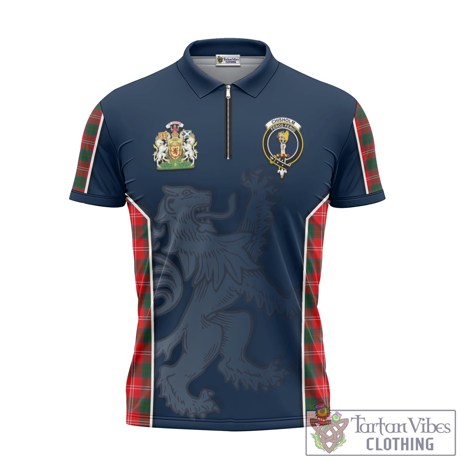 Tartan Vibes Clothing Chisholm Modern Tartan Zipper Polo Shirt with Family Crest and Lion Rampant Vibes Sport Style