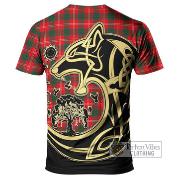 Chisholm Modern Tartan T-Shirt with Family Crest Celtic Wolf Style