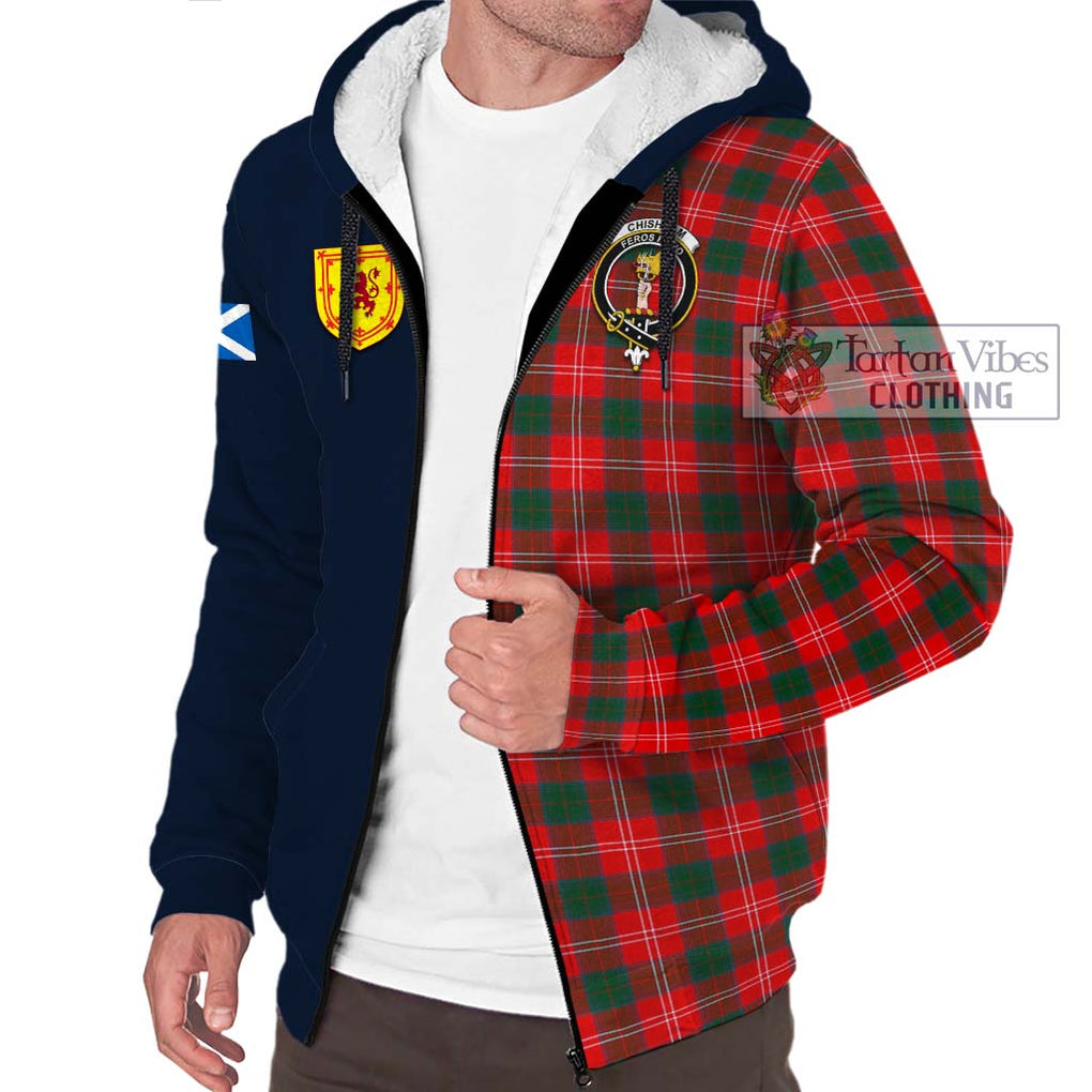 Tartan Vibes Clothing Chisholm Modern Tartan Sherpa Hoodie with Scottish Lion Royal Arm Half Style