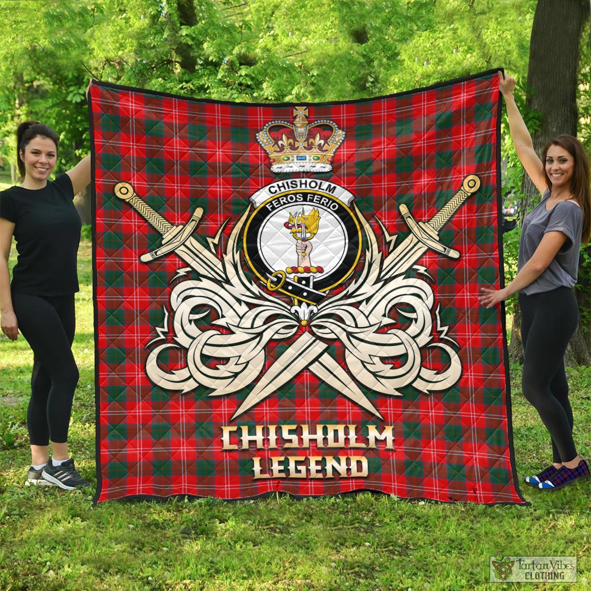 Tartan Vibes Clothing Chisholm Modern Tartan Quilt with Clan Crest and the Golden Sword of Courageous Legacy