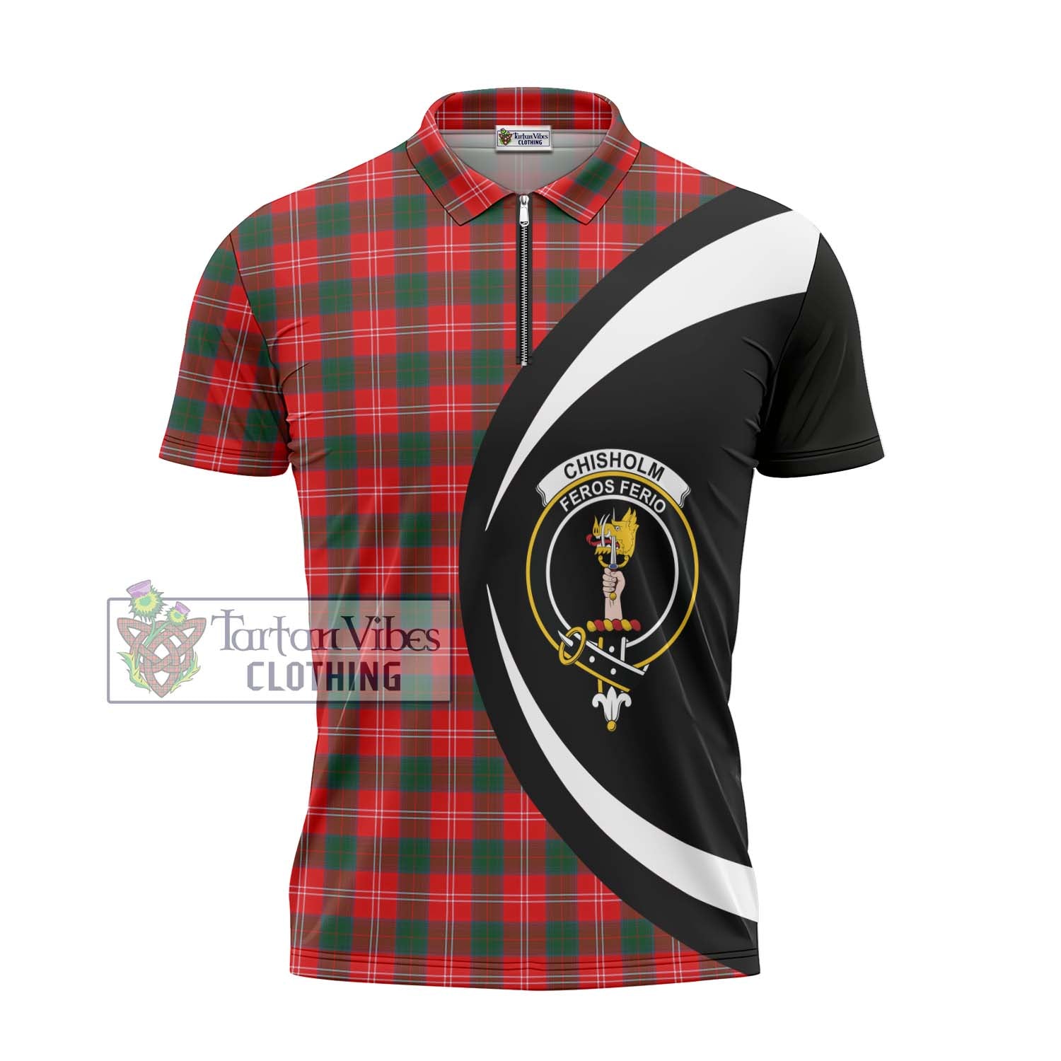 Tartan Vibes Clothing Chisholm Modern Tartan Zipper Polo Shirt with Family Crest Circle Style