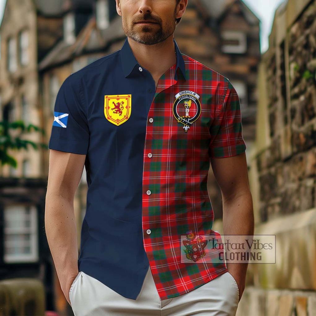 Tartan Vibes Clothing Chisholm Modern Tartan Short Sleeve Button Shirt with Scottish Lion Royal Arm Half Style