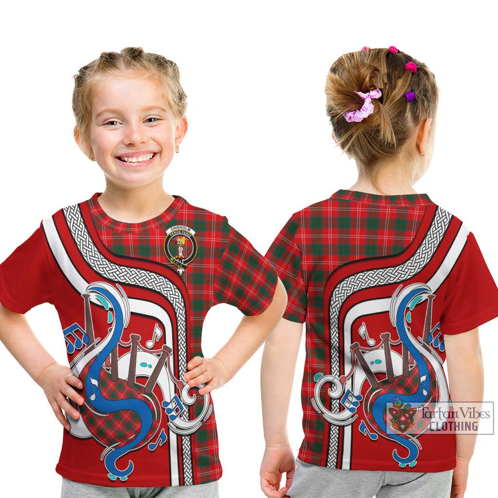 Tartan Vibes Clothing Chisholm Modern Tartan Kid T-Shirt with Epic Bagpipe Style