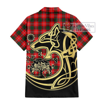 Chisholm Modern Tartan Short Sleeve Button Shirt with Family Crest Celtic Wolf Style