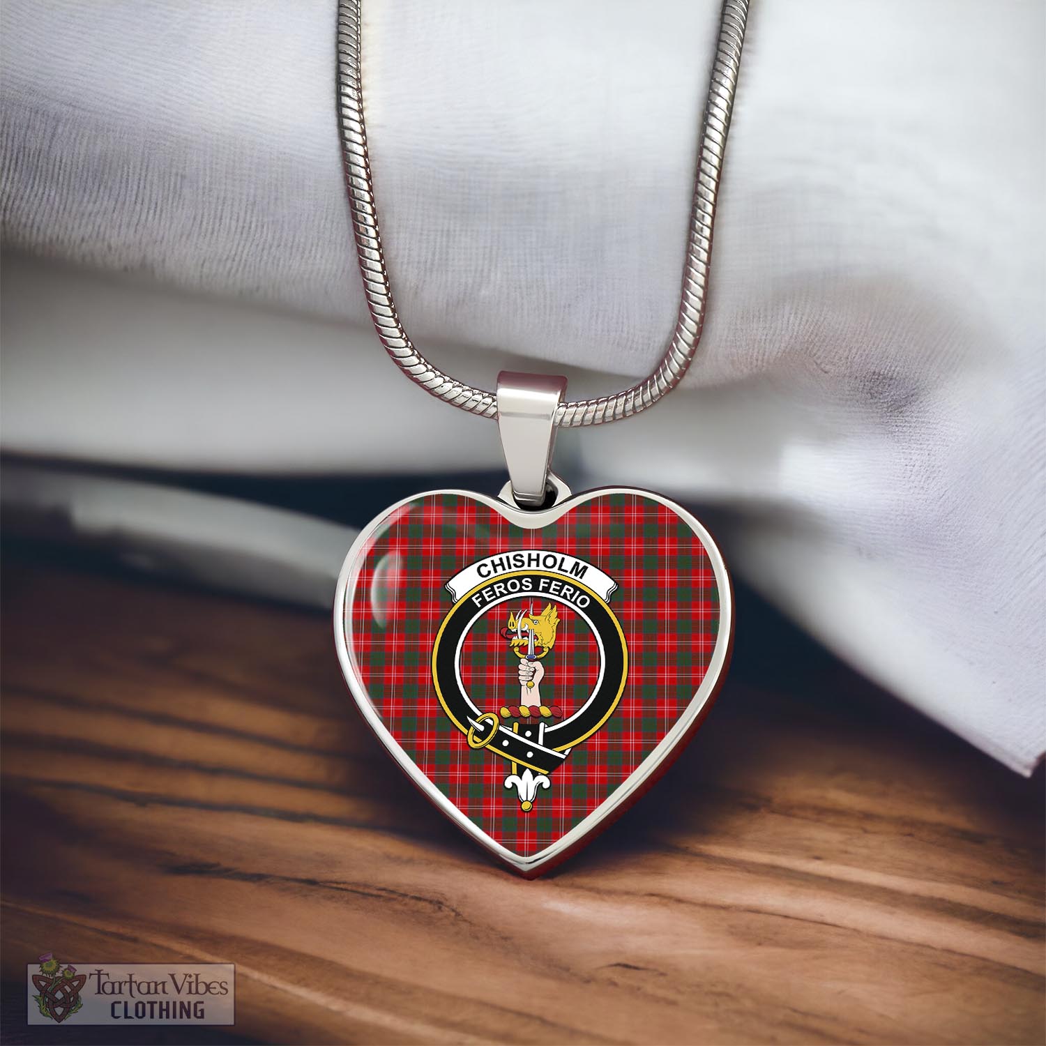 Tartan Vibes Clothing Chisholm Modern Tartan Heart Necklace with Family Crest