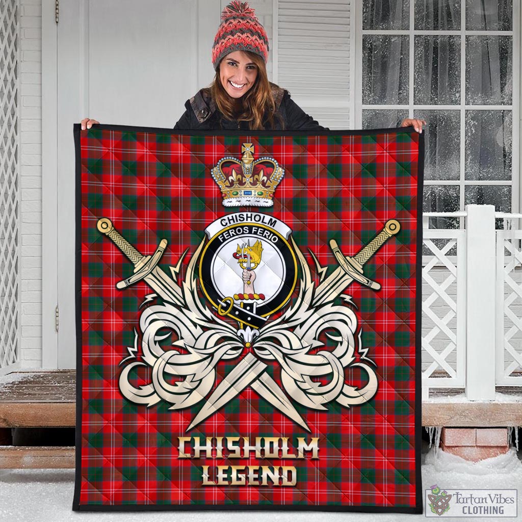 Tartan Vibes Clothing Chisholm Modern Tartan Quilt with Clan Crest and the Golden Sword of Courageous Legacy