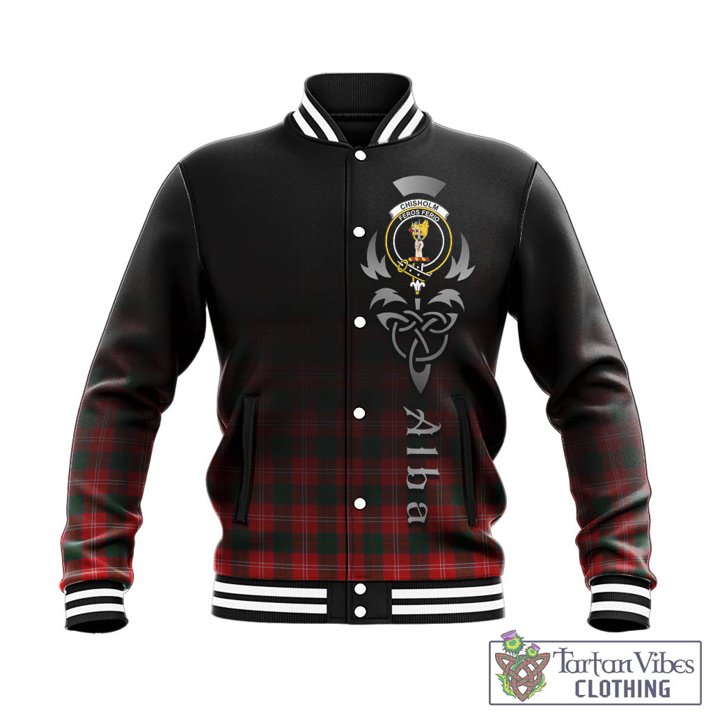 Tartan Vibes Clothing Chisholm Modern Tartan Baseball Jacket Featuring Alba Gu Brath Family Crest Celtic Inspired